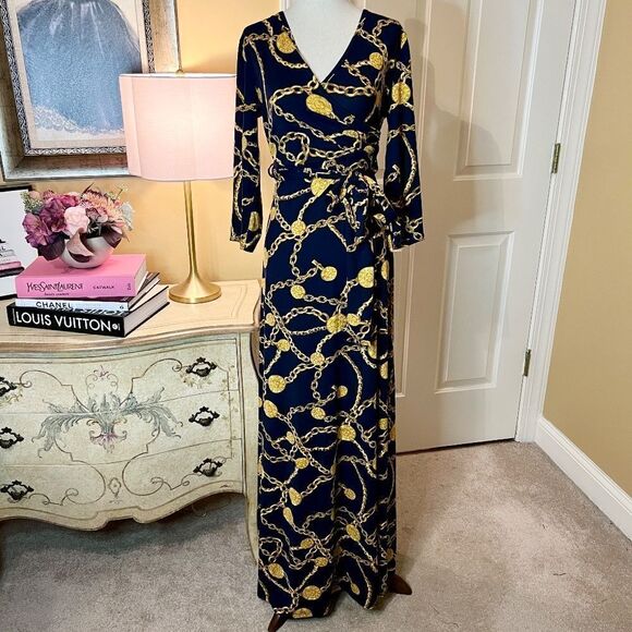 NWT Mother Bee Maternity Navy Blue Gold Chain Jersey Long Maxi Dress Size XL - Picture 1 of 2